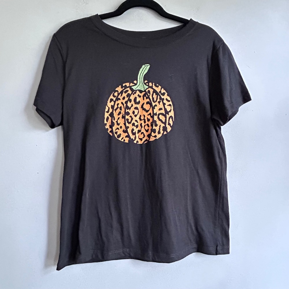 Mighty Fine Womens Leopard Print Pumpkin Graphic Tee Black Large L Halloween